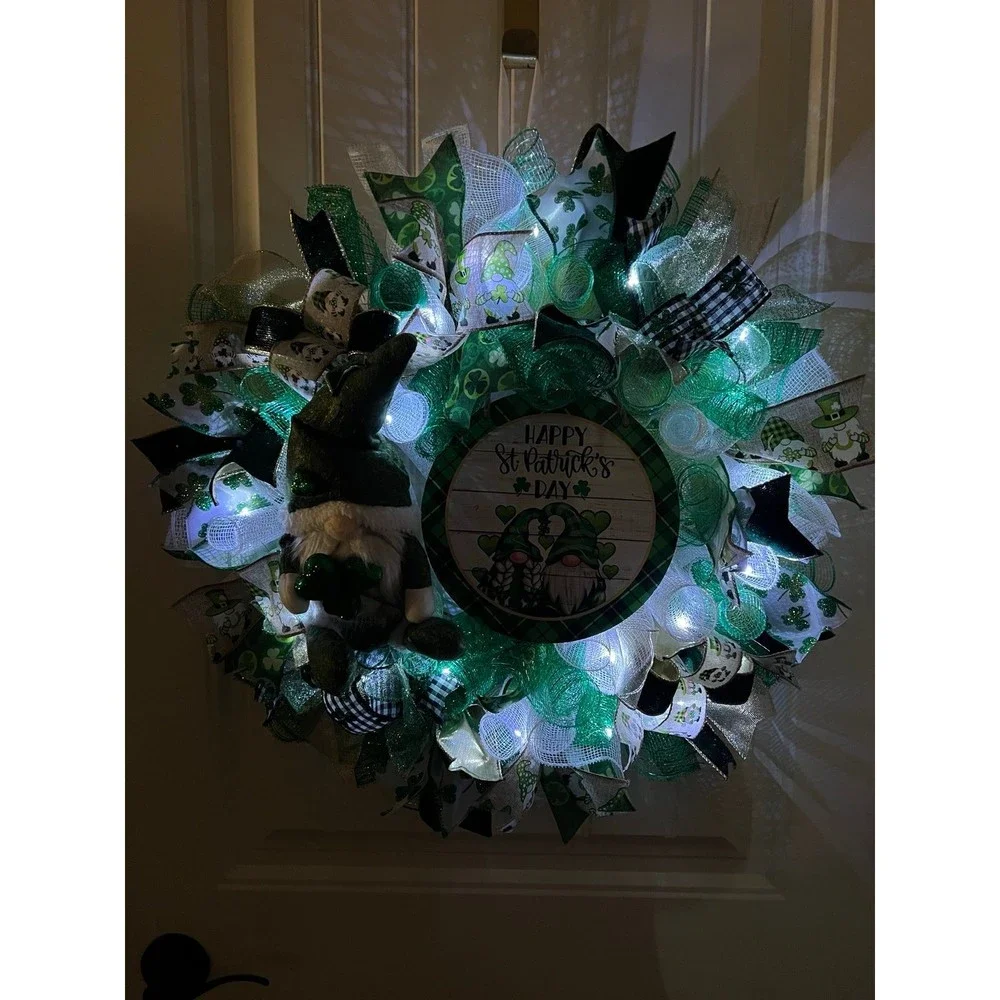 Handmade Happy St. Patrick’s Day Gnome Ribbon Prelit Wreath 22 ins LED W13